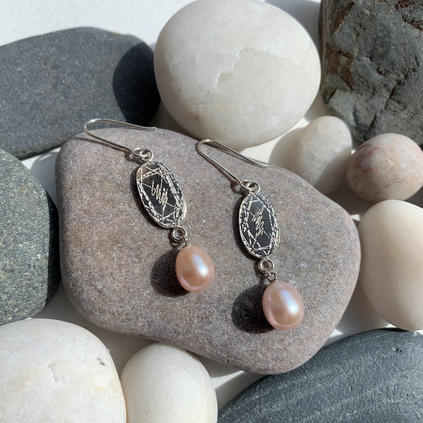 Ella Etched Oval Long Drop with Peach Freshwater Pearl Drop