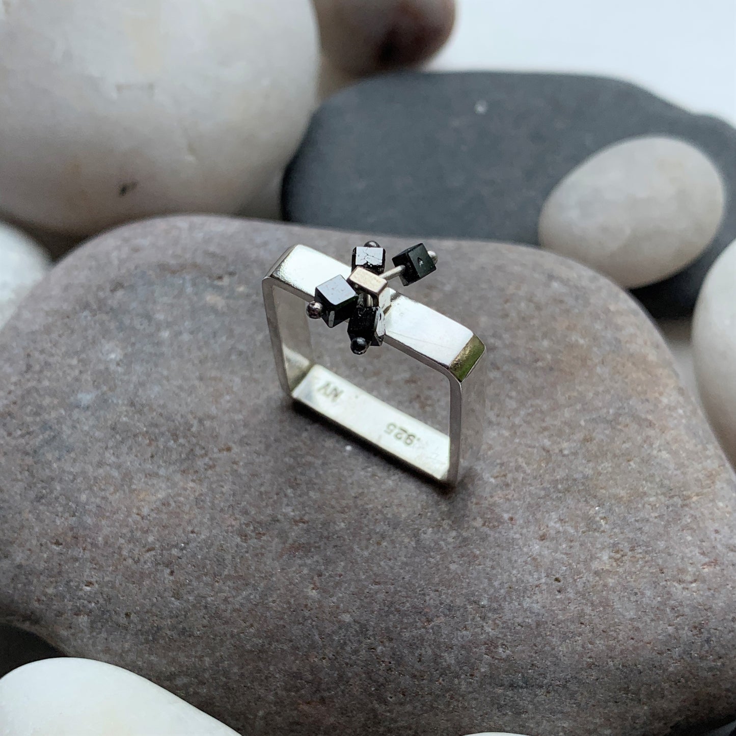 Criss-cross Black Rough Diamond Square Ring