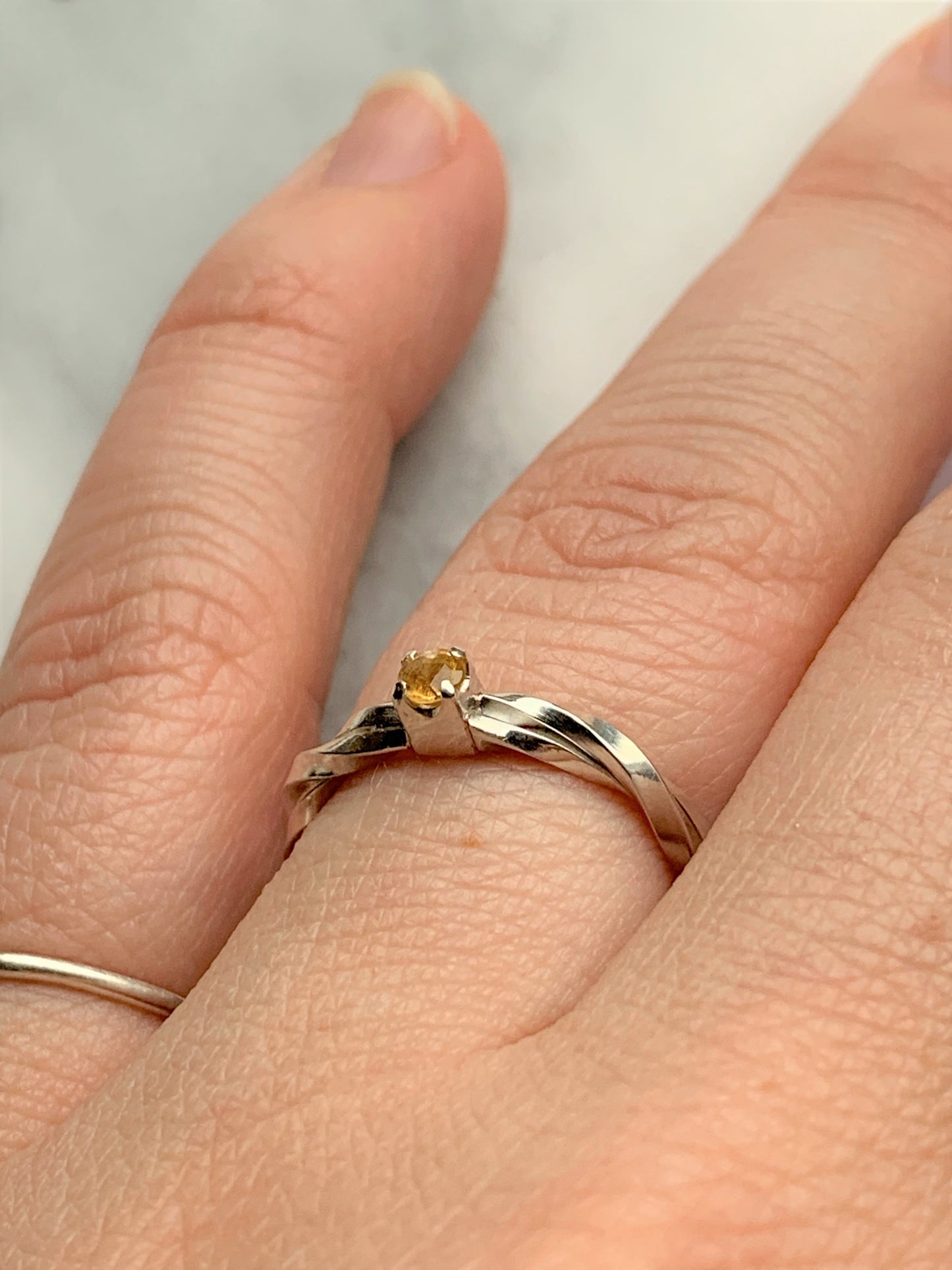 Citrine alternative engagement ring - twisted square silver ring