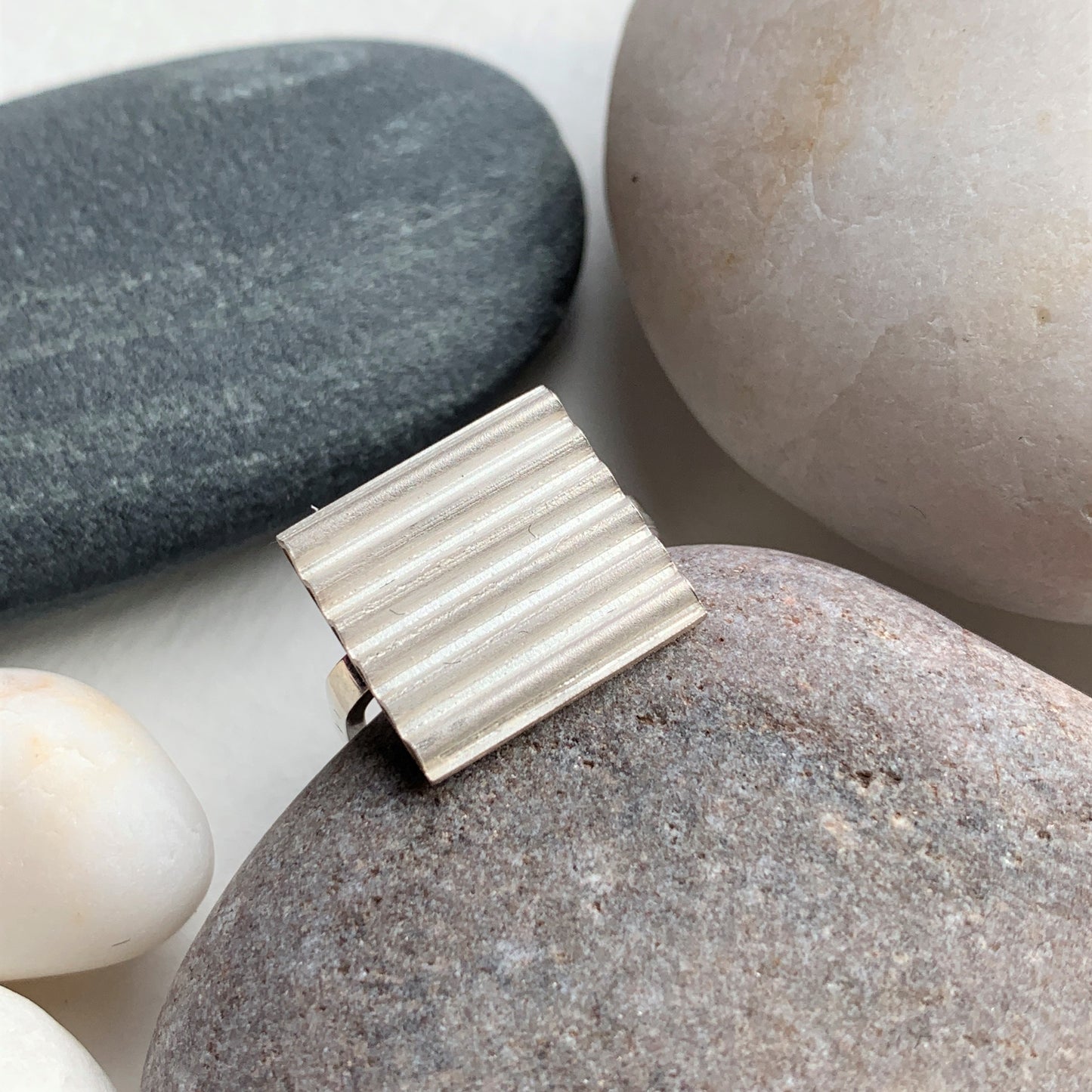 Crinkle Cut Corrugated Effect Square Shaped Silver Ring