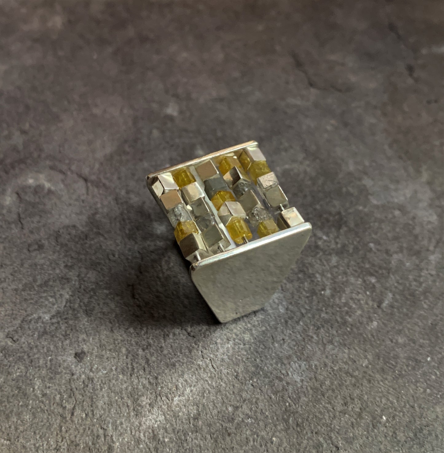 ABACUS V - Yellow and Grey Polished Diamond with Silver Beaded Cocktail Ring