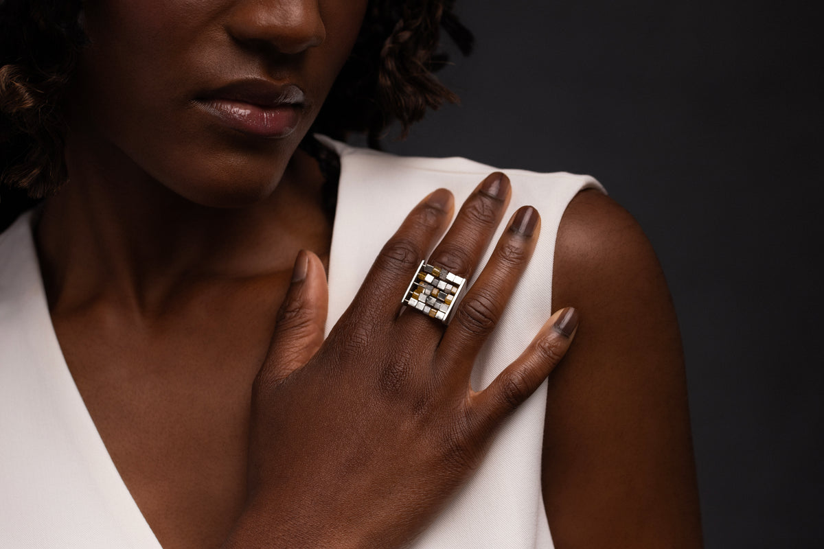 ABACUS V - Yellow and Grey Polished Diamond with Silver Beaded Cocktail Ring