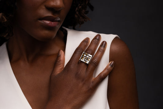ABACUS V - Yellow and Grey Polished Diamond with Silver Beaded Cocktail Ring