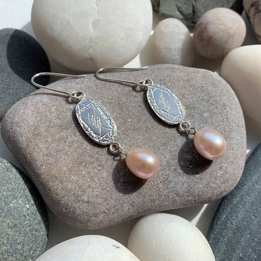 Ella Etched Oval Long Drop with Peach Freshwater Pearl Drop