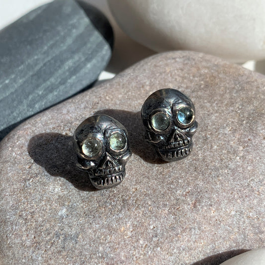 Skull  Oxidized Studs set with Aquamarine