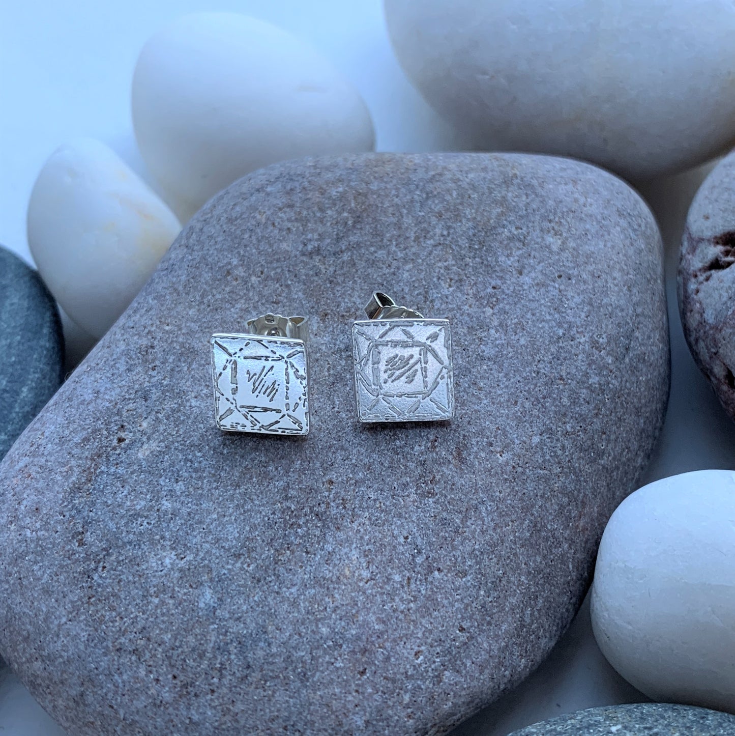 Ella Square Geo Etched Silver Stud