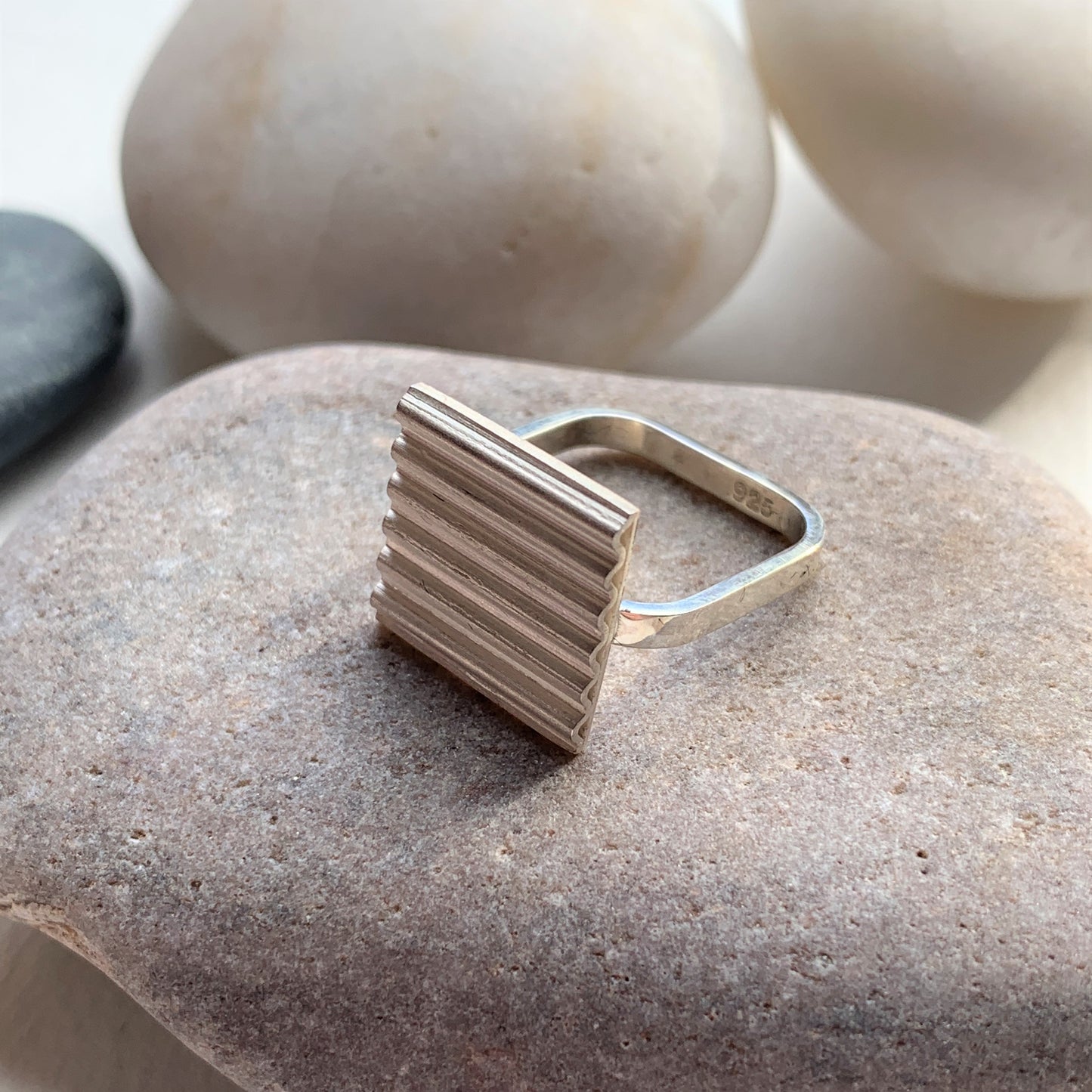 Crinkle Cut Corrugated Effect Square Shaped Silver Ring
