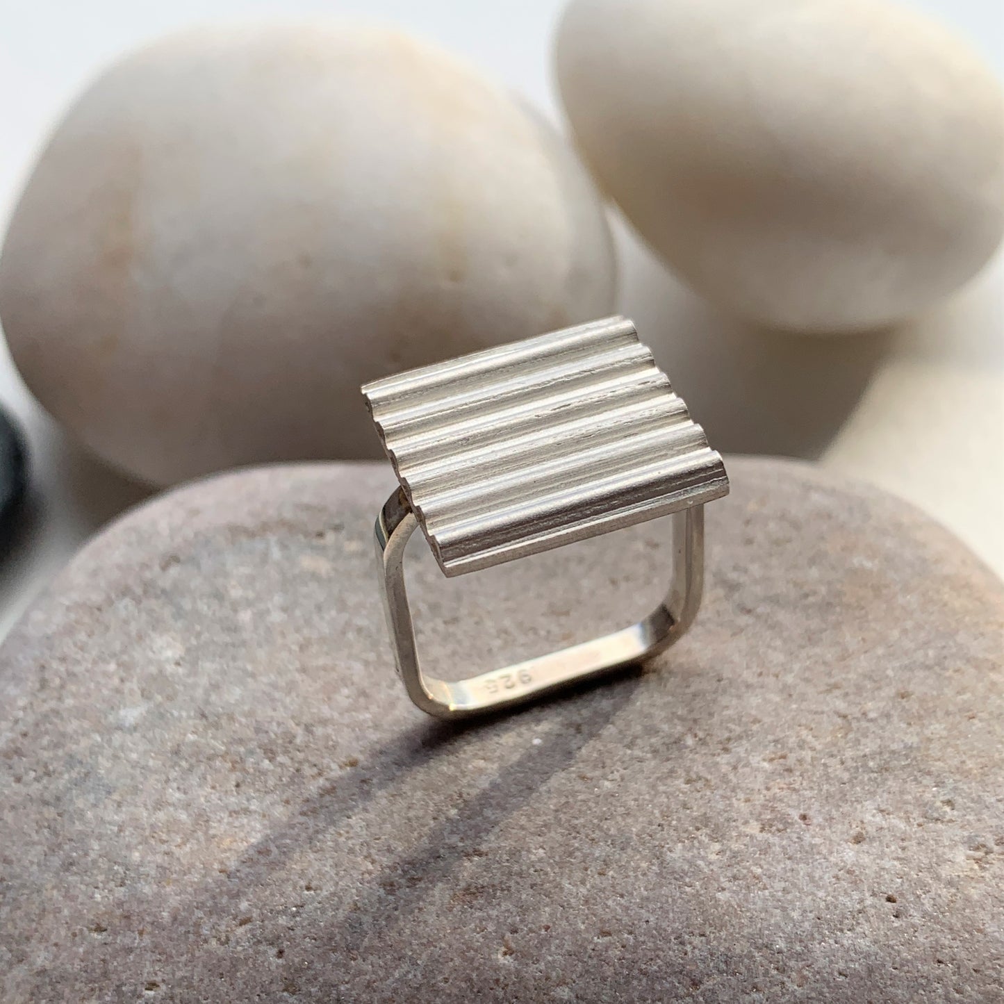 Crinkle Cut Corrugated Effect Square Shaped Silver Ring