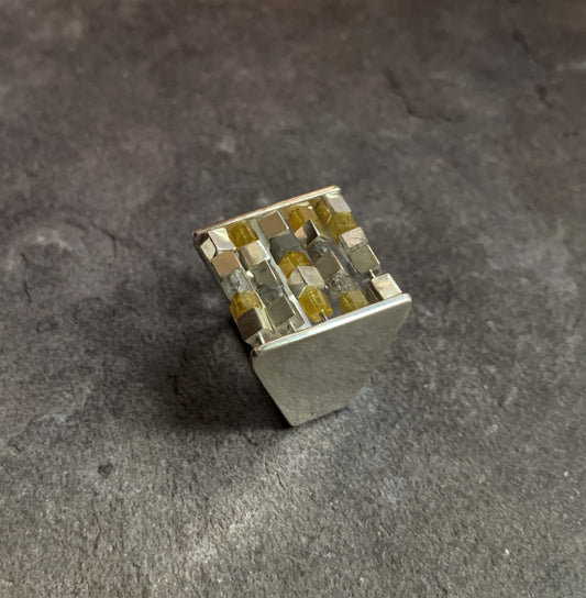 ABACUS V - Yellow and Grey Polished Diamond with Silver Beaded Cocktail Ring