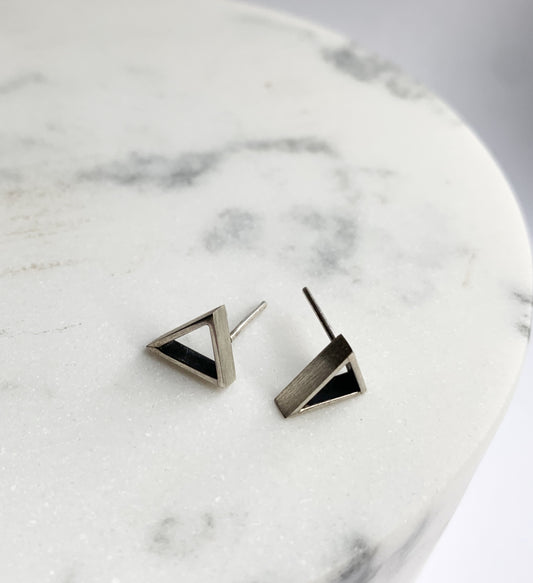 Small sterling silver 3D triangle oxidized earrings
