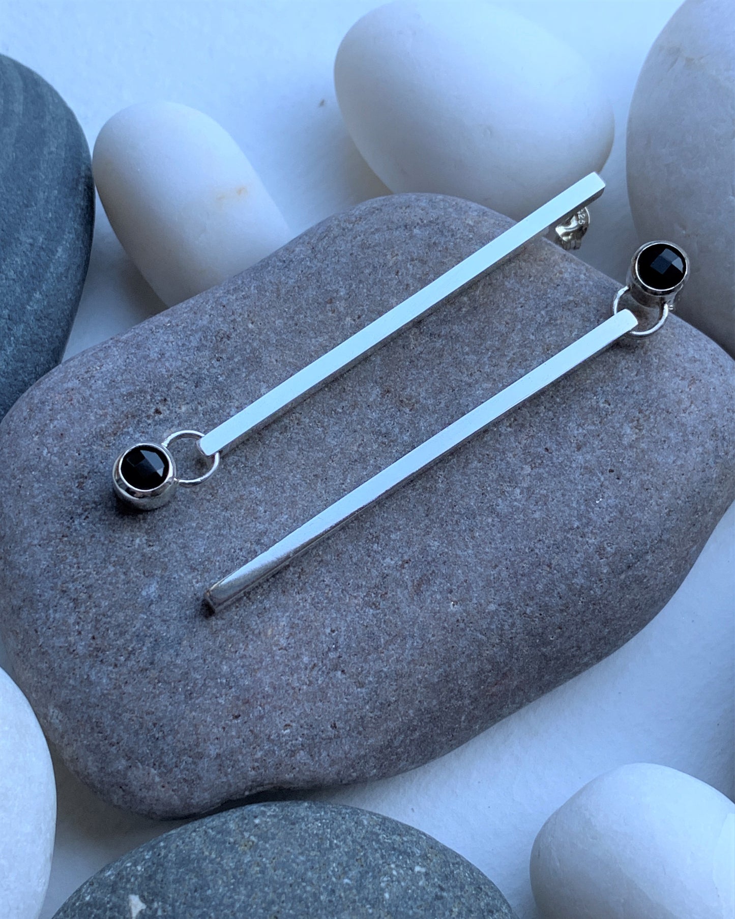 Onyx Set Asymmetrical Sterling Silver Earring Drops